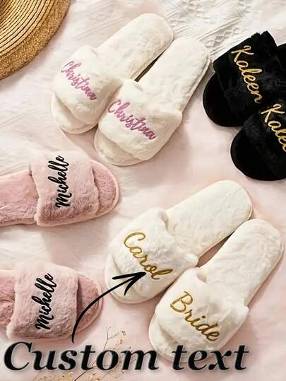 1 par de pantuflas de felpa personalizables para mujer - regalo personalizado para damas de honor y novia, cómodas zapatillas de casa, suela de goma, forro de tela, lavables a máquina