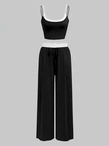 两件套青少年服装，欧美风格吊带背心和长裤，轻薄透气，女童套装