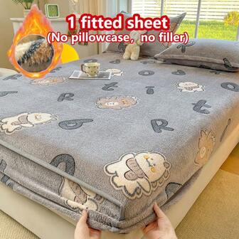 1pc Thick Soft Breathable Snowflake Printed Fitted Mattress Cover (Single Fitted Sheet), Warm-To-The-Touch Moisture-Wicking, Non-Slip Mattress Protector, Easy To Remove And Machine Washable, Suitable For All Seasons, 28cm Height