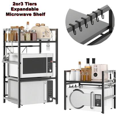  Rigogo 2/3 Tier Expandable Microwave Stand With 6 Hooks, Heavy Duty Kitchen Storage Shelf For Countertop, Adjustable Width & Height, Space Saving Organiser For Toaster, Oven, Spices ZN-2-WBLJ-UK