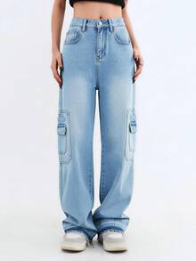 Womens Cargo Pants Fall Mid Waist Baggy Jeans Pocket Wide Leg Casual Y2k Grunge Clothes - 淺藍色 - 查看 4
