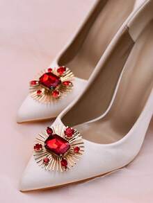 1 Pair (2pcs) Elegant Rhinestone Decorated Red High Heels, Removable Shoe Clips, Suitable For Wedding, Party, Banquet, Prom