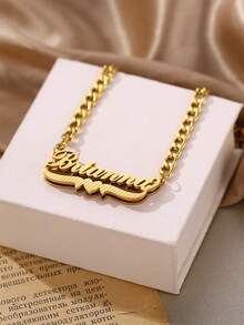 Custom Double-Layer Gold-Plated Nameplate 3D Nameplate Necklace, Stainless Steel Heart-Shaped Butterfly Layered Necklace, Paired With 5mm Thick Chain Pendant, Suitable For Various Occasions As Gift Or Personal Wear - Gold - View 3