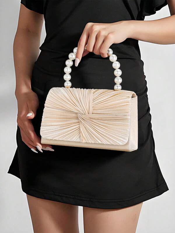 1pc YMI STYLE Glitter Bling Clutch Bag With Faux Pearl Bracelet Decor, Twist Pleated Design, Suitable For Women To Attend Parties, Weddings, Dinners, Banquets. This Handbag Is The Perfect Choice For Party Girls And Ladies, Applicable For Parties, Weddings, Balls, Dinners/Banquets. Also The Best Gift For Women.