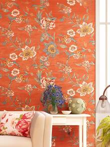 Vintage amerikanischer Landhausstil Orange Blumen Blatt Tapete, selbstklebendes Vlies Material, warme Schlafzimmer Wohnzimmer TV Hintergrund Wand Dekoration, Schrank Möbel Renovierung Aufkleber, romantische Hochzeitszimmer Tapete, dicke europäische Art