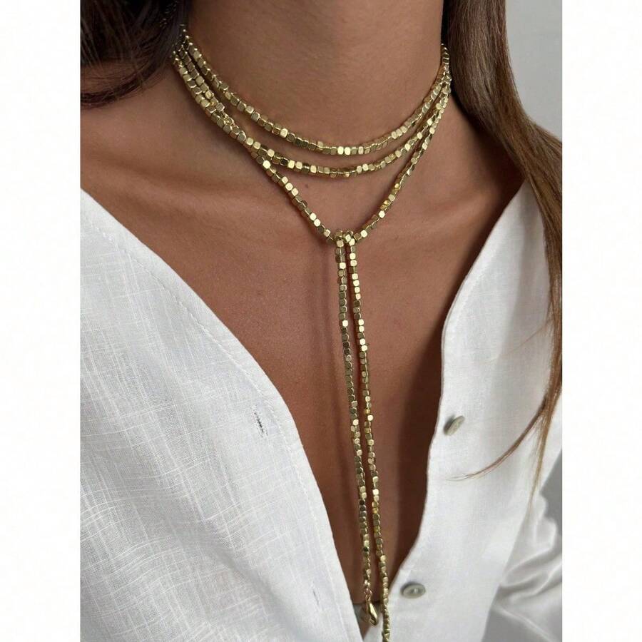 1 Piece Luxury Sparkling CZ Fake Pearls Beaded Long Necklace, Personalized Metal Disc Tassel Pendant Women's Necklace For Party, Gift And Everyday Wear - Golden - 查看 1