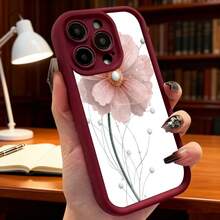 Pink Floral Black Edge Phone Cover For IPhone 14 Pro Max, Protective Case With Delicate Flower Print And Shiny Details, Ideal For Daily Use At Home Or Office, Fashionable Mobile Phone Accessories For Men And Women - 酒紅色 - 查看 2