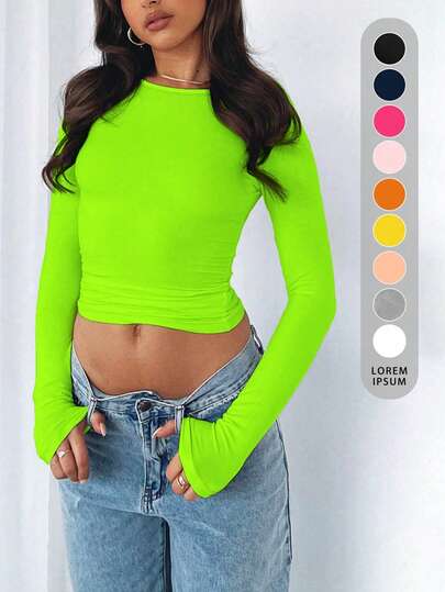 女士基础款纯色休闲简约圆领长袖修身短款T恤，Y2K性感风，春秋季