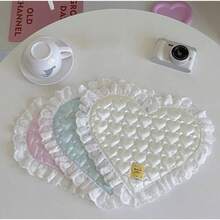Korean Style New Lace Edged Heart Shaped Coaster, Satin Surface, Simple Quilted Heart Shaped Insulated Heat Resistant Coaster