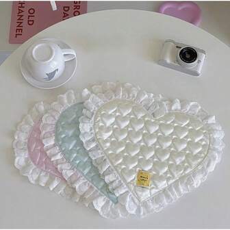 Korean Style New Lace Edged Heart Shaped Coaster, Satin Surface, Simple Quilted Heart Shaped Insulated Heat Resistant Coaster