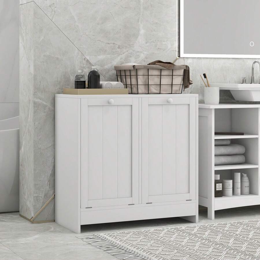 Kleankin Laundry Cabinet, Bathroom Cabinet With 2 Tilt-Out Hampers, Modern Laundry Storage Cabinet For Washroom, White - trắng - Xem 1