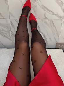 1pc Women Plus Size Skin-Friendly Sexy Butterfly Print Smooth Black Tights For Dress, For Christmas Gift - màu đen - Xem 2