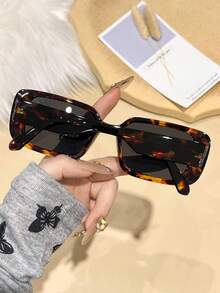1 pieza Gafas cuadradas de marco estrecho con estampado de carey retro para mujer, accesorio de moda adecuado para uso casual, al aire libre, playa, estilo básico vintage Y2K, regalo de negocios casuales, uso diario, playa, vacaciones, caminatas, compras, conducción, fotografía callejera, vacaciones de verano en la playa, al aire libre, viajes - Multicolor - Ver 2