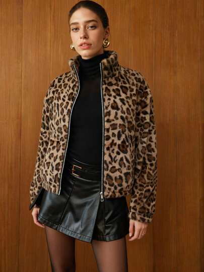 Abrigo de mujer elegante con estampado de leopardo de piel sintética esponjosa con cuello alto, mangas largas y cierre frontal con cremallera, de longitud regular, perfecto para fiestas de otoño e invierno, eventos al aire libre, reuniones festivas y looks casuales de calle