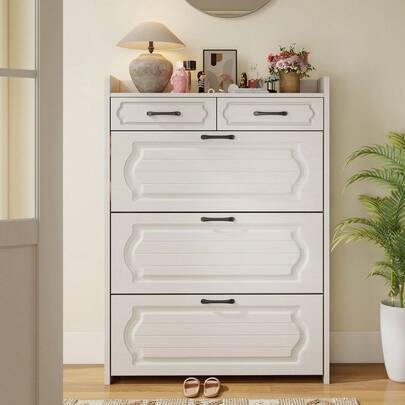 31.5" W Shoe Cabinet, Hidden Wood Shoe Cabinet With 2 Storage Drawers & 3 Flip Drawers, Narrow Freestanding Shoe Storage Cabinet For Entryway Hallway & Apartment, White, Style B