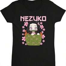 A Casual Printed Round Neck Pullover Short Sleeved T-Shirt Nezuko Kid Slayers Anime Manga Demon Ladies' Crewneck T-Shirt T-Shirts Bring Joy And Happiness To Every Child - 黑色 - 查看 1