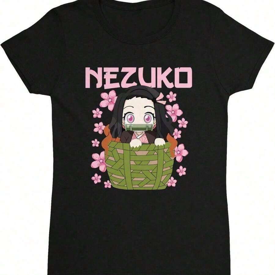 A Casual Printed Round Neck Pullover Short Sleeved T-Shirt Nezuko Kid Slayers Anime Manga Demon Ladies' Crewneck T-Shirt T-Shirts Bring Joy And Happiness To Every Child - 黑色 - 查看 1