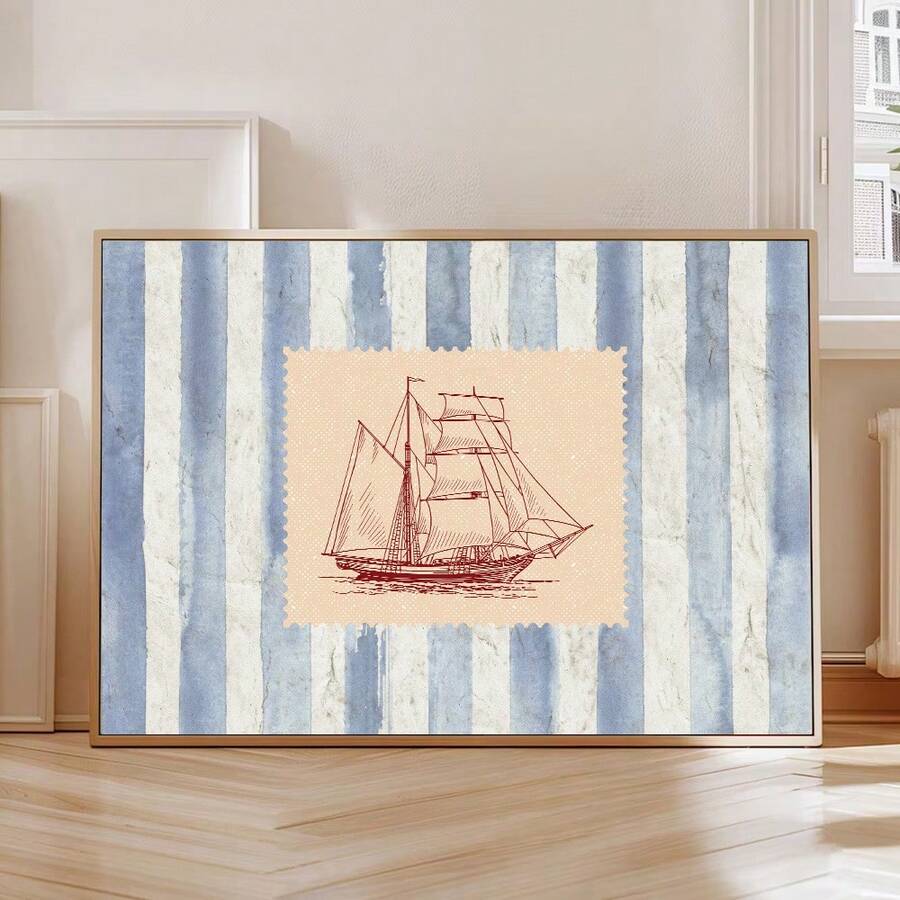 1pc Framed/Unframed Blue Vintage Striped Sailboat Canvas Poster Green Cute Rustic Mid Century Coastal Wall Art Print Minimalist Aesthetic Decor Retro Nursery Painting For Dorm,Living Room,Bedroom,Modern Home Decoration - Multicolor - View 1