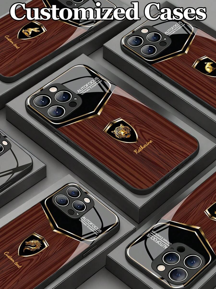 1pc Customizable Text & Fashionable 12 Zodiac Metal Design Tempered Glass Phone Case, Compatible With IPhone 17 Air/17 Pro Max/15/16 Pro/14 Plus/13 Pro/12 Pro Max/11/Xs Max/8/7/6 Plus, S24 Ultra/S25 Ultra/A13/A71/A12, Redmi NOTE 13/14/Redmi K40, 11, Featuring Personalized And Creative Design For Unique Style Consumers - Black - View 1