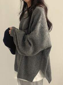 EAVA Fall/Winter Korean Style Minimalist Sweater Round Neck, Elegant Loose Fit Versatile Bell Sleeves Side Slit Pullover Knitwear For Women
