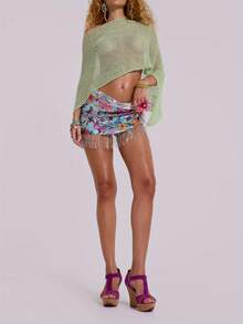 Women Sheer Poncho Shrug Lightweight See Through Knitted Mesh Shawl Y2k Asymmetrical Poncho Tops Cover Ups - màu xanh lá - Xem 7