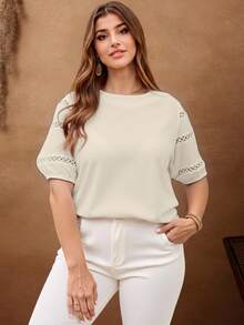 Women's Plus Size Blouse/ Guipure And Elastic Detail On The Sleeve - Beige - View 5