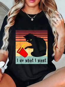 Camiseta 100% algodón "Hago lo que quiero" con gato negro vintage y taza roja divertida, para mujeres y hombres, de verano, suave, de ajuste relajado y cómoda - Negro - Ver 1