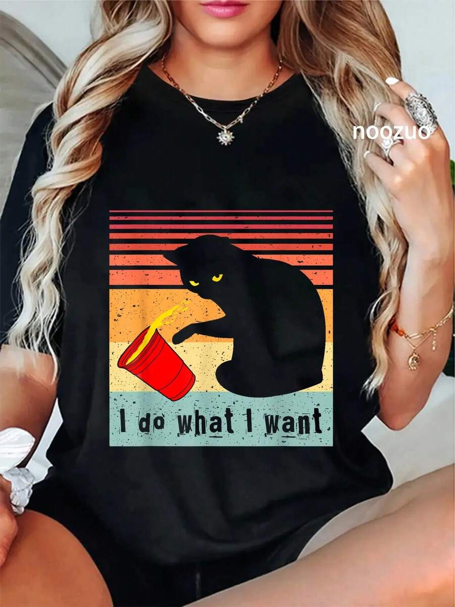 Camiseta 100% algodón "Hago lo que quiero" con gato negro vintage y taza roja divertida, para mujeres y hombres, de verano, suave, de ajuste relajado y cómoda - Negro - Ver 1