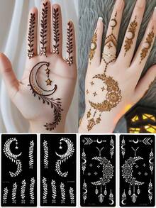 4 张月亮临时纹身模板套装 - 性感花卉图案，可用于手部、DIY 彩绘、墨水、可重复使用的 Mehndi 设计模板贴纸，适用于女性身体派对化妆 - 黑色 - 查看 2