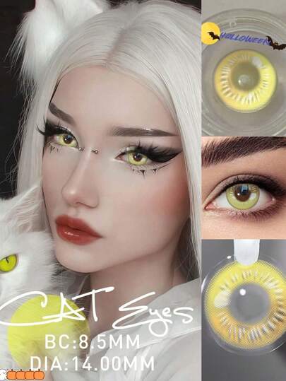 Lalens Lenti a contatto colorate gialle a forma di occhi di gatto Lalens per Ognissanti - Lenti usa e getta annuali con custodia per lenti inclusa. Realizzate per pupille piccole, queste lenti ispirate agli occhi di gatto gialli conferiscono un aspetto accattivante agli occhi, vantando un diametro ampio (14,20 mm / 14,50 mm) per costumi di Ognissanti e cosplay