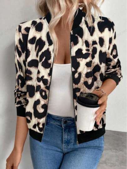 Áo khoác bomber họa tiết da báo nhẹ cỡ lớn, thiết kế khóa kéo toàn bộ, tay áo dài thông thường, cổ áo khoét, vải dệt kim dài thông thường, không co giãn