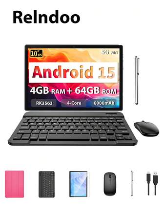 Relndoo 15インチ Androidタブレットパソコン キーボード&マウス付き、Android 15インチノートパソコン、(4GB+8GB) RAM + 64GB ストレージ、RK3562 クアッドコア 2.0GHz プロセッサー、10インチタブレットパソコン ラップトップスリーブ、スタイラスペン、データケーブル付き、1280*800 HDタッチスクリーン、200万画素+800万画素デュアルカメラ、6000mAhバッテリー、1TBのSDカード拡張に対応、802.11n 2.4G/5G WiFi、GPS、認証済みタブレット (アダプター別売) - ピンク