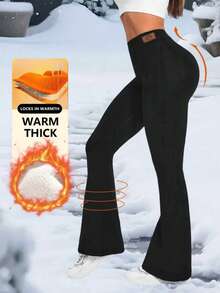 Women'S Casual Flare Pants For Autumn & Winter, Fashion Skinny Warm Leggings And Comfortable Tight Pants, High Waist Slim Basic Trousers With Thick Thermal Lined, Suitable For Outdoor Sports Wear, Thick Waistband Leggings Tights - Black - View 4