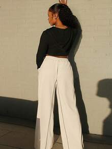 Steph T Pantalones deportivos de pierna ancha con gráficos y ribetes de contraste para uso diario, streetwear y días de juego para mujer - Blanco - Ver 5