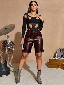 Apperloth A Shorts ajustados de cintura alta con bolsillos en diagonal de piel sintética para estilo hip hop callejero - Café integral - Ver 6