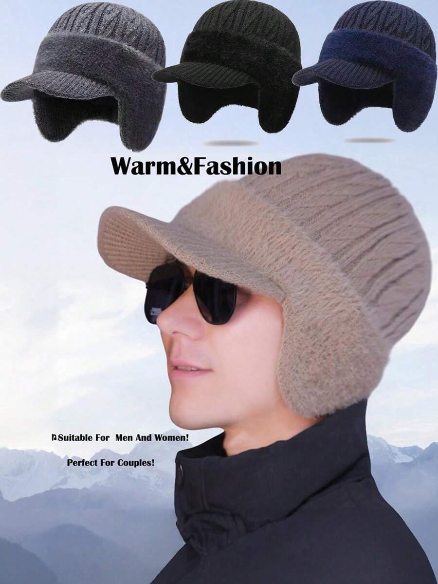 1pc Men's Ear Protection Knit Hat - With Visor & Chin Strap, Acrylic Warm Winter Cap For Outdoor Travel, Hiking, Fishing - Hand Washable, Hiking Headwear, Travel Headgear, Stylish Headwear Headgear - Multicolor - View 1