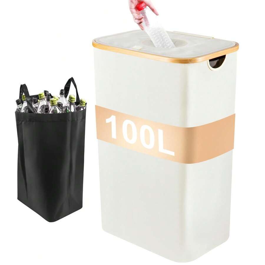 100L Deposit Bottle Container With Lid & Two Removable Carry Bags – Convenient Bottle Collector For Empty Bottles In Kitchen, Garage, Or Storage Room - Beige - View 1