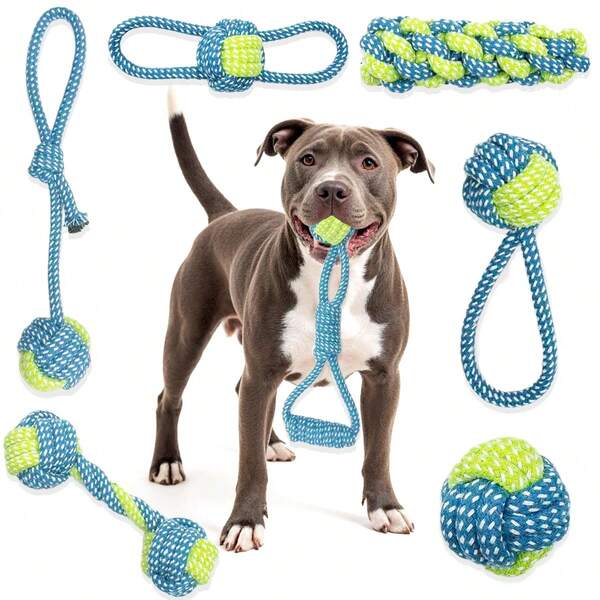 7pcs Chew Toys For Aggressive Chewers, Teething Toys For Medium To Large Breeds, Heavy-Duty Dog Tug-Of-War Set With Dual-Color Bite And Dental Cleaning Rope Knots – Durable Pet Accessories For Dogs Durable Dog & Cat Chew Toy With Blue & Green Knot Design