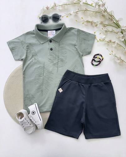 Conjunto Menino Infantil Masculino Camisa Gola Polo Short Bermuda Bege Marinho Branco Verde GAEL