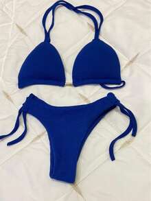 Ribbed Bikini Top, Bikini Bottom, Double Thong, Semi-G-String, Simple Casual, Knot, Backless, Bralette, Beach, Vacation - 寶藍色 - 查看 2