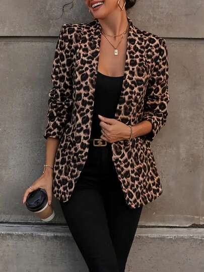 Chaqueta casual de manga larga con bolsillo y cuello, con estampado digital de leopardo, adecuado para primavera y otoño, estilo business casual para mujeres