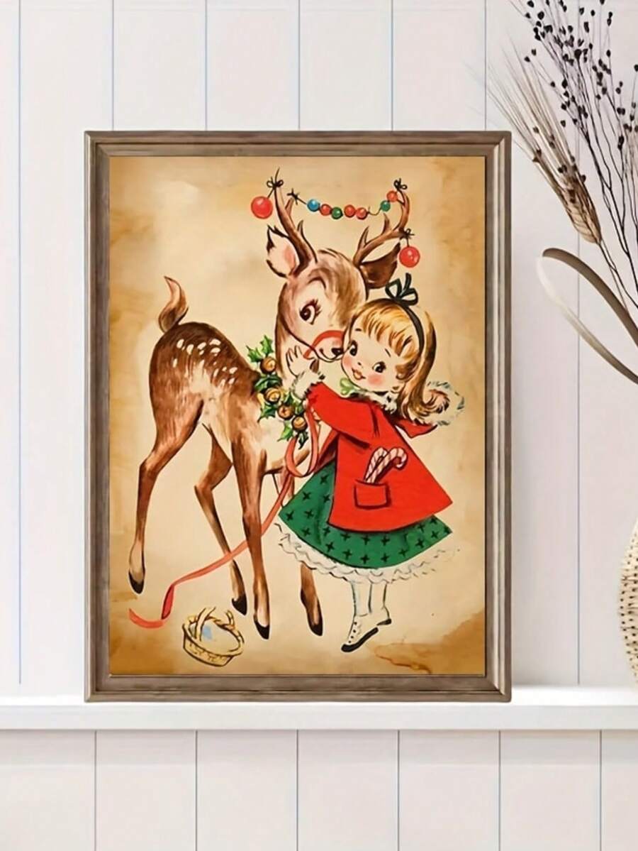 1pc Vintage Christmas Reindeer And Girl Art Canvas Poster, Unframed Wall Art Decor For Classroom, Bedroom, Living Room, Office - Perfect Holiday Wall Hanging Gift - Multicolor - View 1