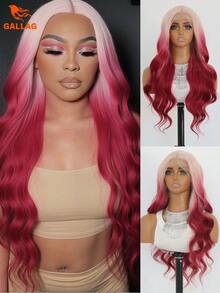Ombre Pink Wavy Lace Front Wig, Natural Wave Synthetic Wig, Long Wavy Lace Front Wig, Pre-Plucked Hairline, Heat Resistant Fiber, Suitable For Cosplay 24 Inch - Pink Ombre - View 1