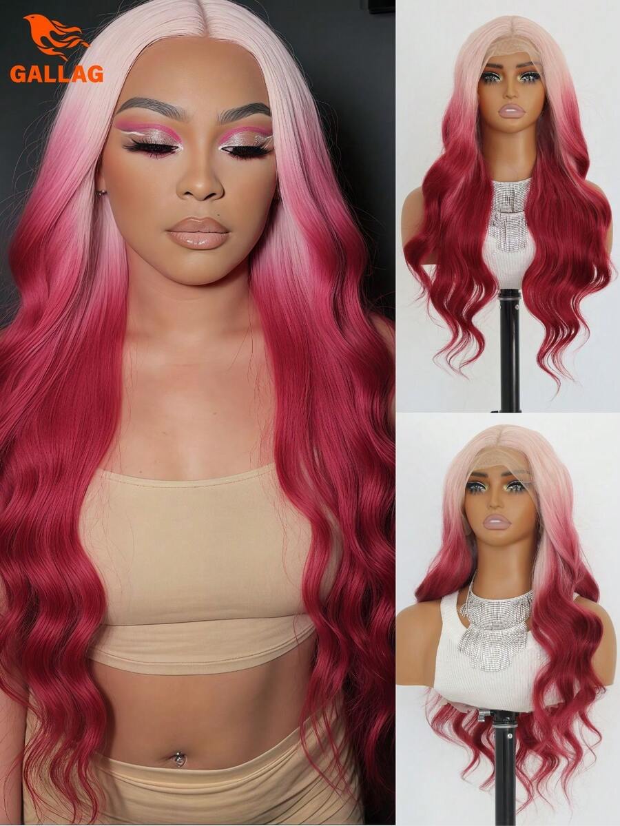Ombre Pink Wavy Lace Front Wig, Natural Wave Synthetic Wig, Long Wavy Lace Front Wig, Pre-Plucked Hairline, Heat Resistant Fiber, Suitable For Cosplay 24 Inch - Pink Ombre - View 1