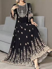 大码中东风格波西米亚刺绣连衣裙，复古宽松休闲度假沙滩裙 - 黑色 - 查看 3