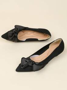 Damen-Slipper mit spitzer Zehenpartie, einfarbig, gestrickt, flach, neue süße Schleifendekor, lässige Übergröße, französischer Kitten-Absatz, 4 cm, Abendschuhe, bezaubernder Stil - Seidenschwarz - Übersicht 6