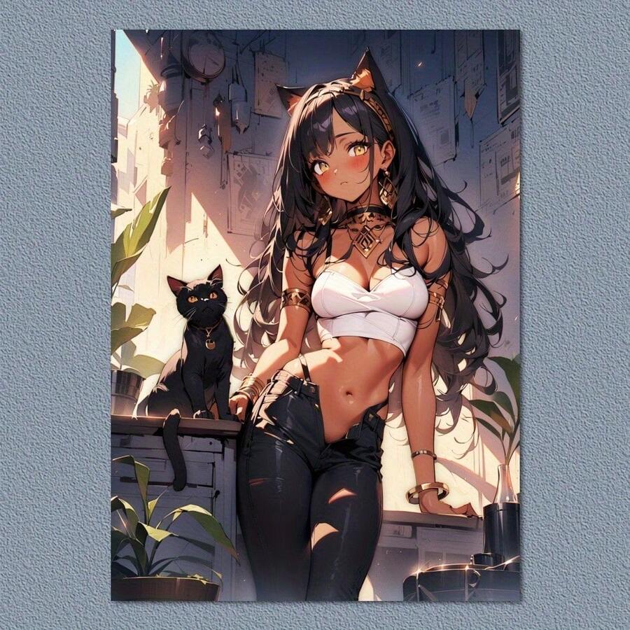 Room Decor 1pc Anime Cat Girl Canvas Print, High-Quality Wall Art Poster, Adorable Cartoon Woman, Ideal Gift And Decoration For Home, Living Room, Bedroom, Office, Cafe Decor - Multicolor - View 1