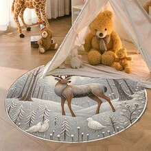 1 covor din flanel cu tematică de Crăciun - o căprioară stând într-o pădure înzăpezită cu copaci și doi porumbei albi, covor lavabil potrivit pentru dormitor, sufragerie, balcon, casă, hotel, birou și decorațiuni festive