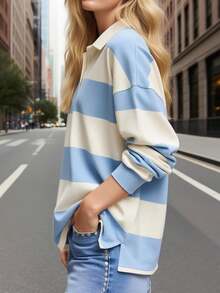 Rugby Shirt Women Striped Collared Long Sleeve Polo Shirts Oversized Color Block Sweatshirt Vintage Pullover Top - Màu xanh lam - Xem 2