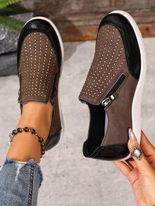 Giày nữ casual đa năng tối giản đính đá lấp lánh - Màu Khaki - Xem 2